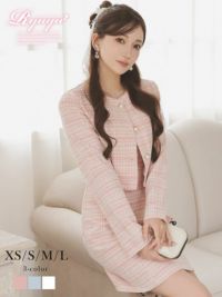 パールボタン付きほんのりラメ入りチェック柄ニットツイードノーカラーミニ丈ワンピーススーツ【Ryuyu】(XS/S/M/L)(ピンク/ブルー/ホワイト)