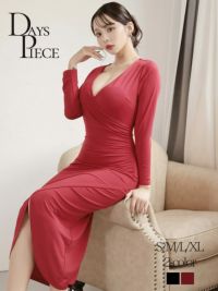 深めのカシュクールとサイドにギャザーがたっぷり入ったウエスト細見せ韓国風キャバワンピース KANO 着用 キャバドレス【DaysPiece】(S/M/L/XL(2L))(ワイン/ブラック)