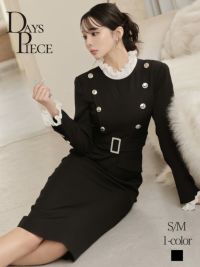 アコーディオンプリーツのフリルが上品なレイヤード風ダブルボタン韓国風タイトドレス KANO 着用 キャバワンピース【DaysPiece】(S/M)(ブラック)