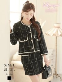 バイカラー厚手ツイードチェック柄セットアップノーカラーミニ丈キャバスーツ 【Ryuyu】(S/M/L/XL(2L)/XXL(3L))(ブラック)