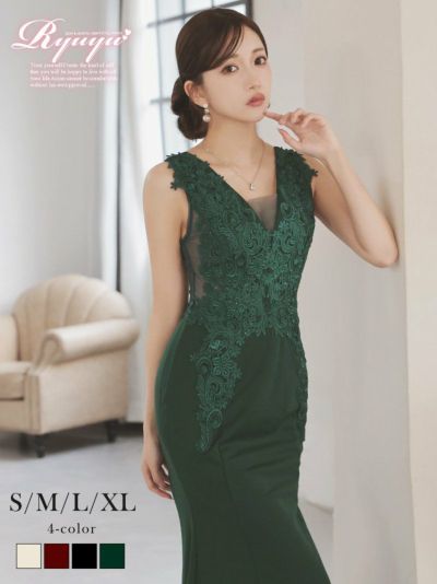 立体刺繍シースルーメッシュエレガントスレンダーロングドレス【Ryuyu】(S/M/L/XL(2L))(グリーン/ブラック/オフホワイト/ワイン)