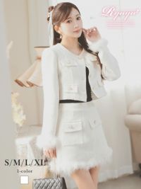 高級ツイードファー付きノーカラースーツ パールボタンが上品なインナーパンツ付き白キャバスーツ【Ryuyu】(S/M/L/XL(2L))(ホワイト)