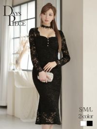 先行予約割￥7390→￥7021！※予約販売※総レースシースルー長袖チョーカー付き韓国風ロングワンピース パールボタン KANO 着用 キャバワンピース【DaysPiece】(S/M/L)(オフホワイト/ブラック)