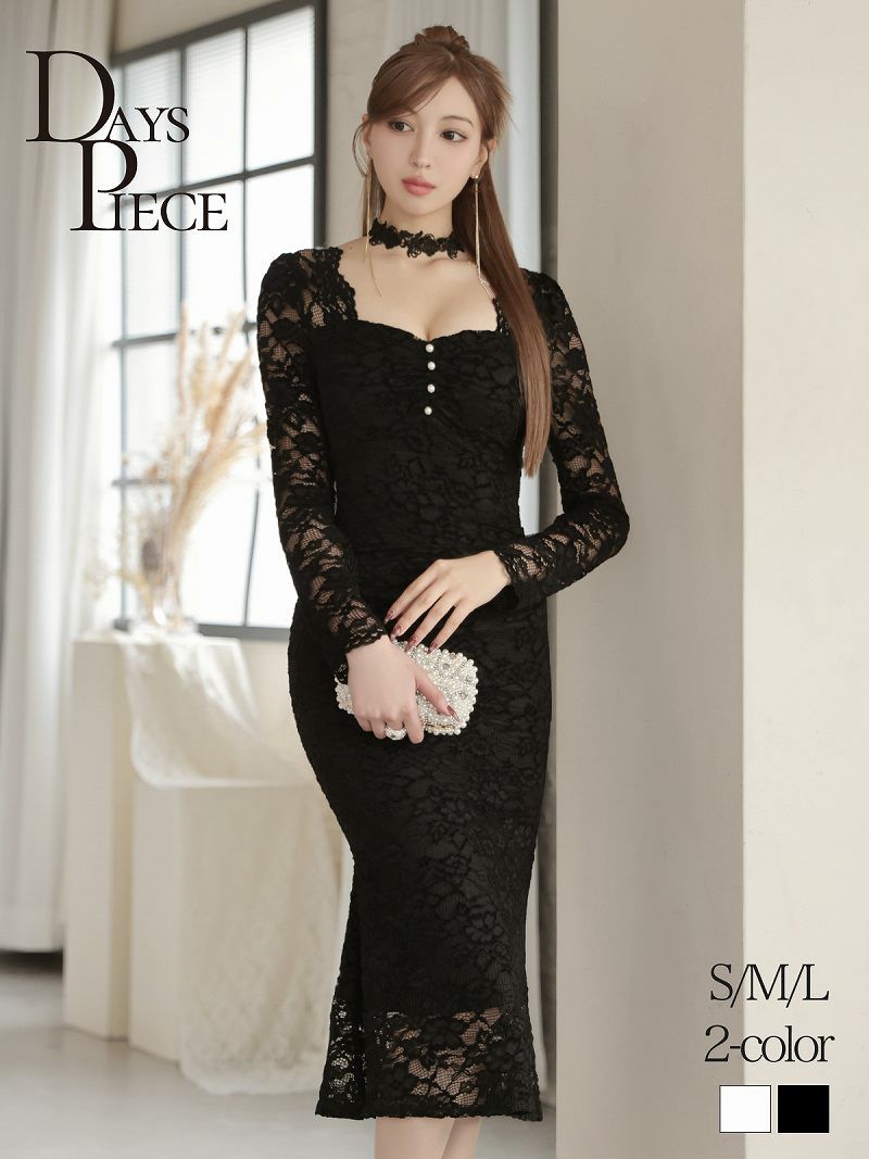 ※予約販売※総レースシースルー長袖チョーカー付き韓国風ロングワンピース パールボタン KANO 着用 キャバワンピース【DaysPiece】
