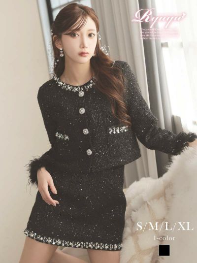 パールパイピング袖ファー付きラメスパンコール入りツイードセットアップノーカラースーツ 【Ryuyu】(S/M/L/XL(2L))(ブラック)