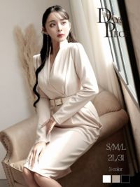 韓国風カシュクール長袖膝丈ワンピース 大人セレブなキャバドレス ベルト付き KANO 着用 キャバワンピース【DaysPiece】(S/M/L/XL(2L)/XXL(3L))(ベージュ/ホワイト/ブラック)