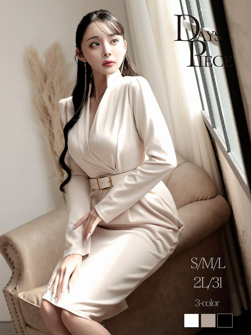 韓国風カシュクール長袖膝丈ワンピース 大人セレブなキャバドレス ベルト付き 【DaysPiece】