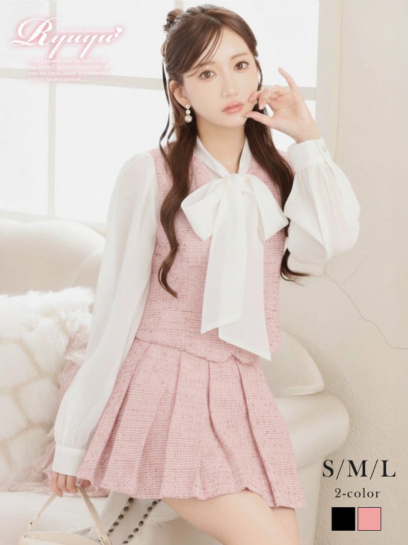 スパンコール入りのミックスツイードが上品に輝く、華奢見せも叶うキュートなツイードセットアップ 【Ryuyu】