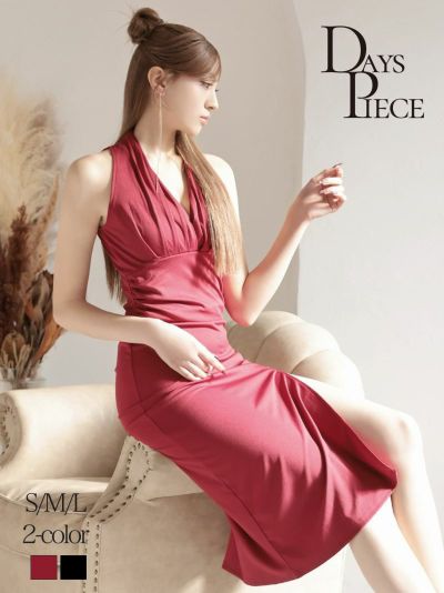 ドレープカラーが上品な色気を放つ韓国風ミディ丈ワンピース 【DaysPiece】(S/M/L)(レッド/ブラック)